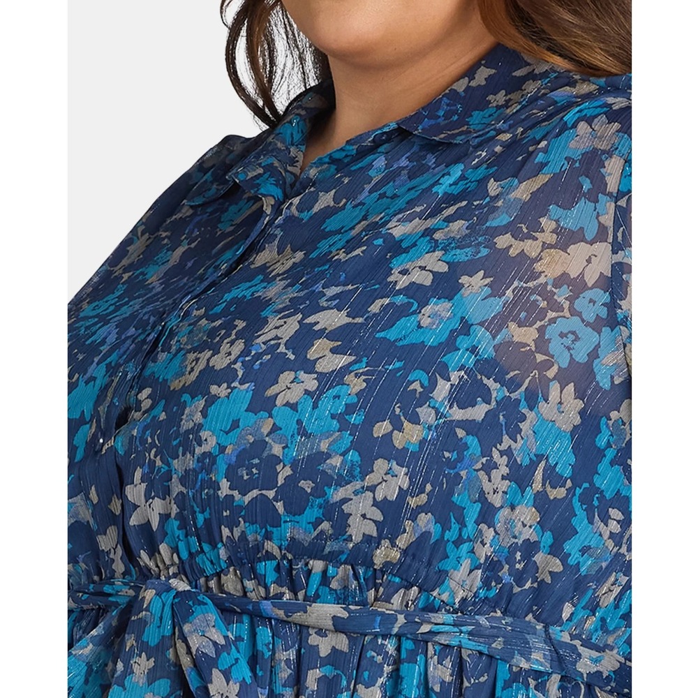 Terra & Sky Womens Shirtdress Size 0X Blue Maxi Floral Tie-Waist Elegant - Picture 6 of 12